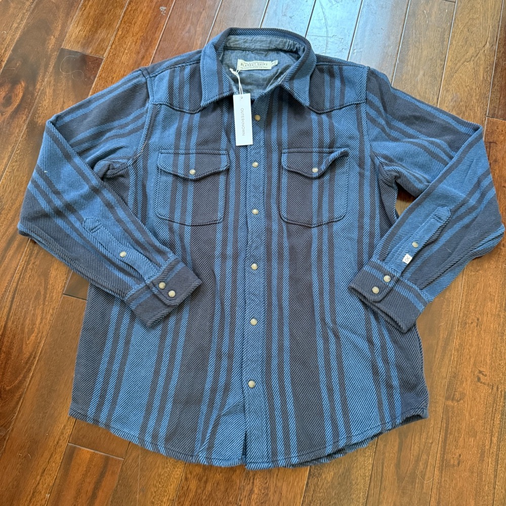 Outerknown Blanket Shirt Blue Black Stripe Snap Front Overshirt Mens Medium